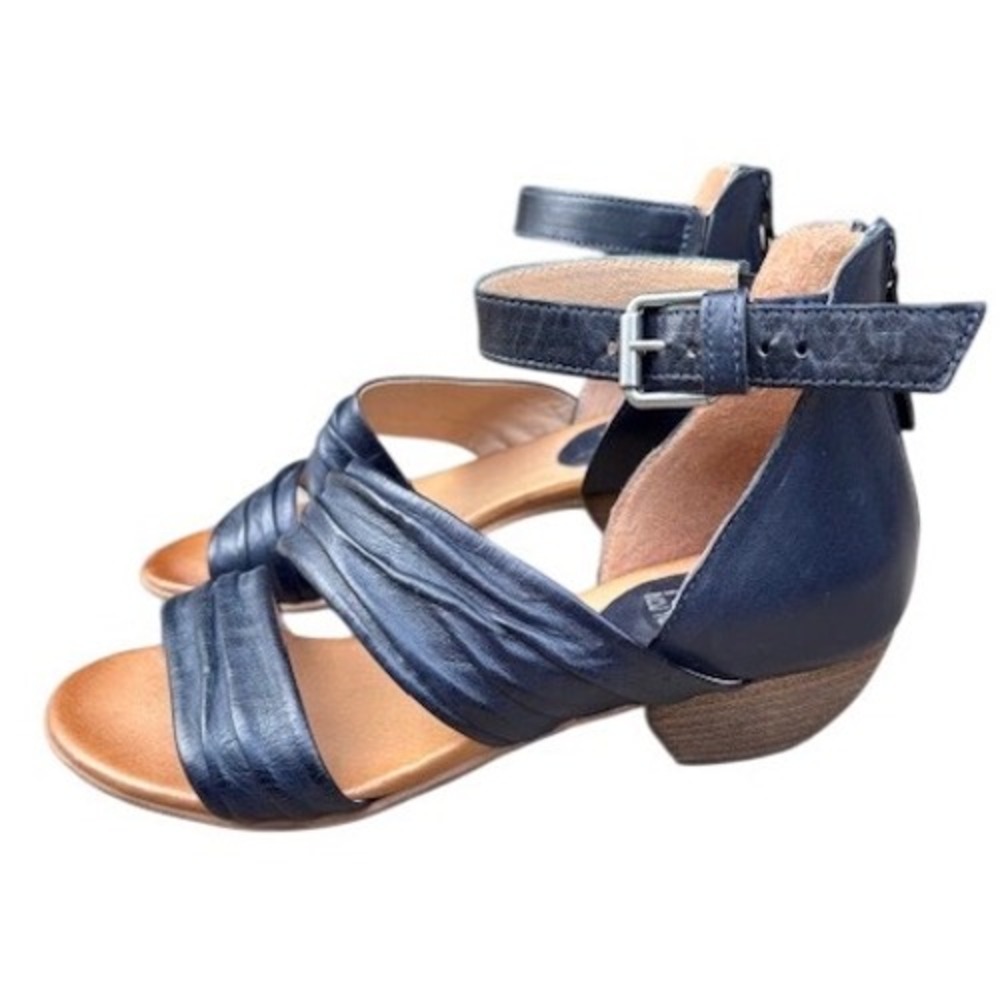 Miz Mooz Cassie Navy Blue Leather Ruched Ankle Strap Sandals Women 38 Wide‎
